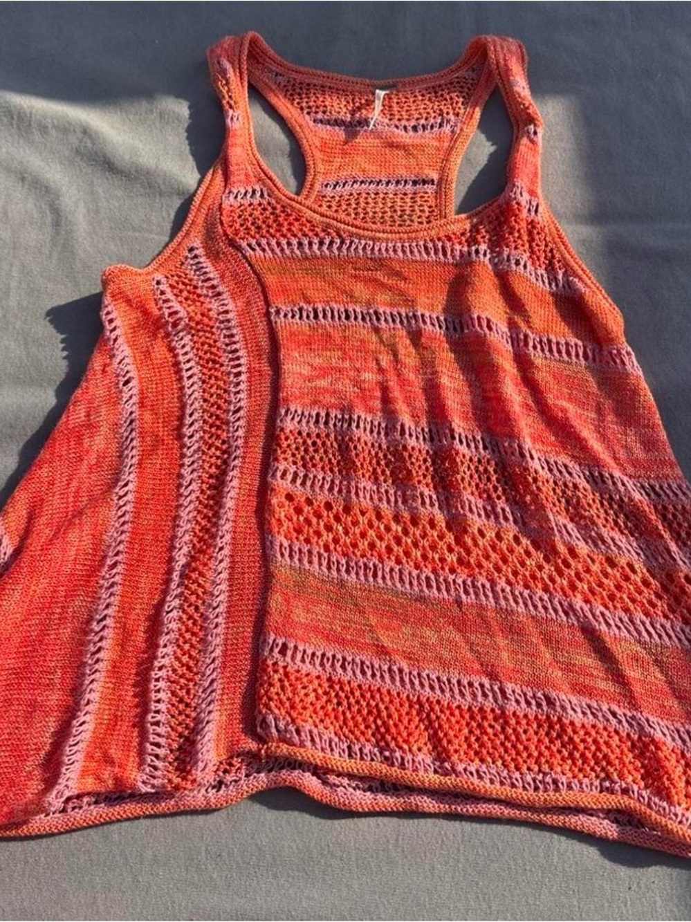 Free People Striped Coral & Pink Open-Knit Racerback Tank